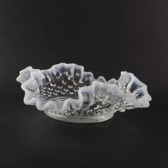 Antique White Opalescent Hobnail Moonstone Vintage Bowl with Ruffled Edges - Picture 3 of 5
